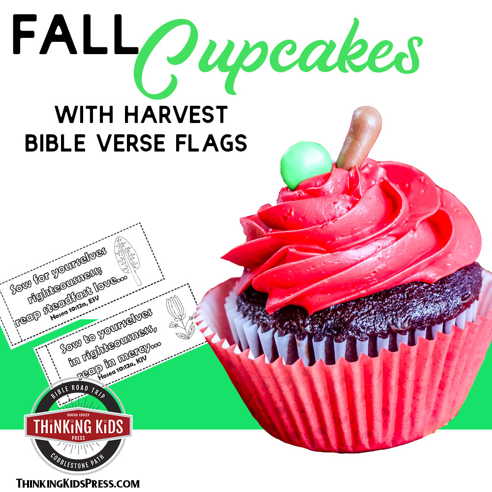 Fall Harvest Cupcakes with Harvest Bible Verse Flags